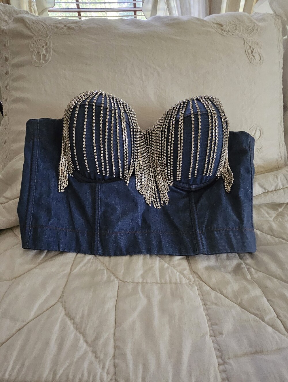 Bustier - Unbranded Denim Corset w/ Rhinestone fringe - Size M - Picture 7 of 12